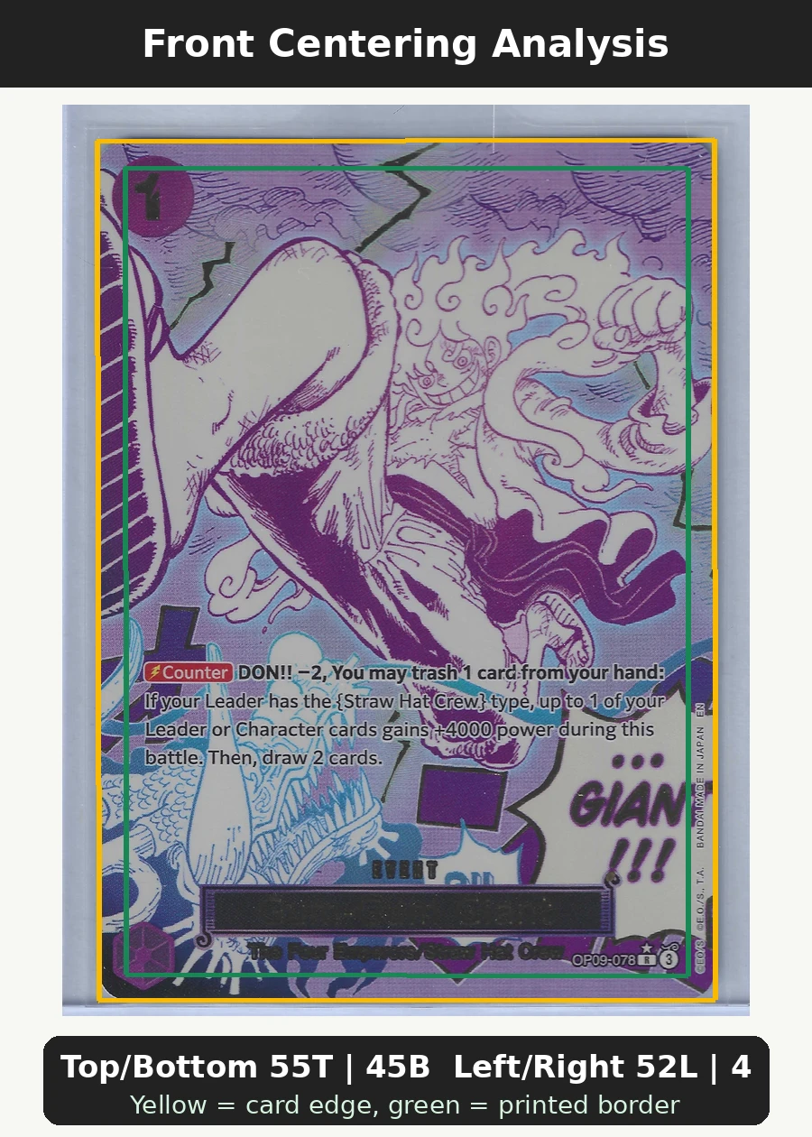 Gum-Gum Giant (OP09-078) - SP OP09-078 Emperors in the New World front centering analysis showing Top/Bottom 55T | 45B and Left/Right 52L | 48R.