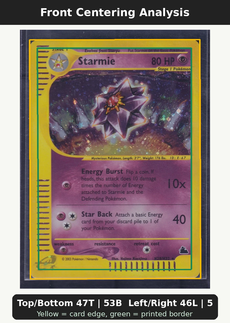 Starmie H28/144 Skyridge front centering analysis showing Top/Bottom 47T | 53B and Left/Right 46L | 54R.