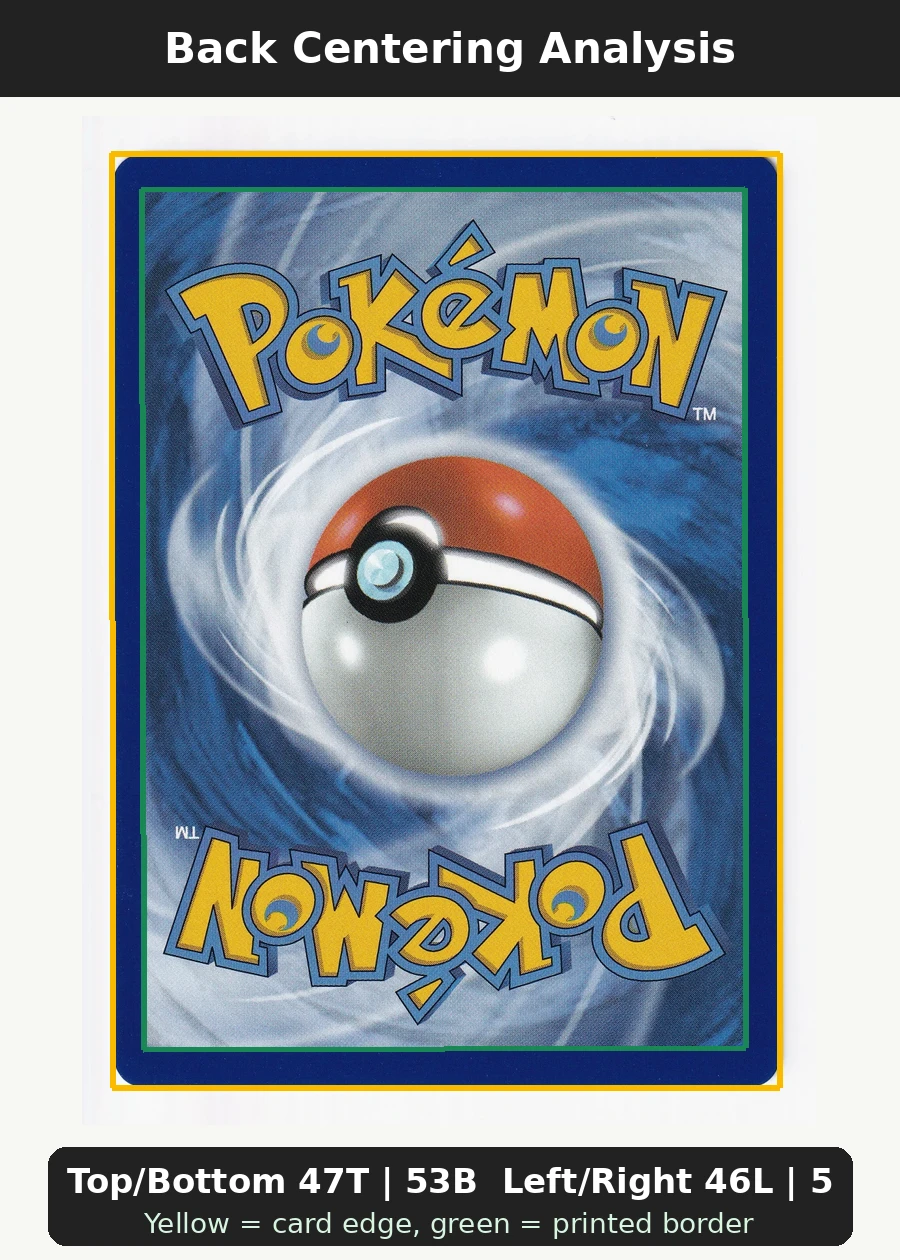 Oricorio ex 024 MEP Black Star Promos back centering analysis showing Top/Bottom 47T | 53B and Left/Right 46L | 54R.
