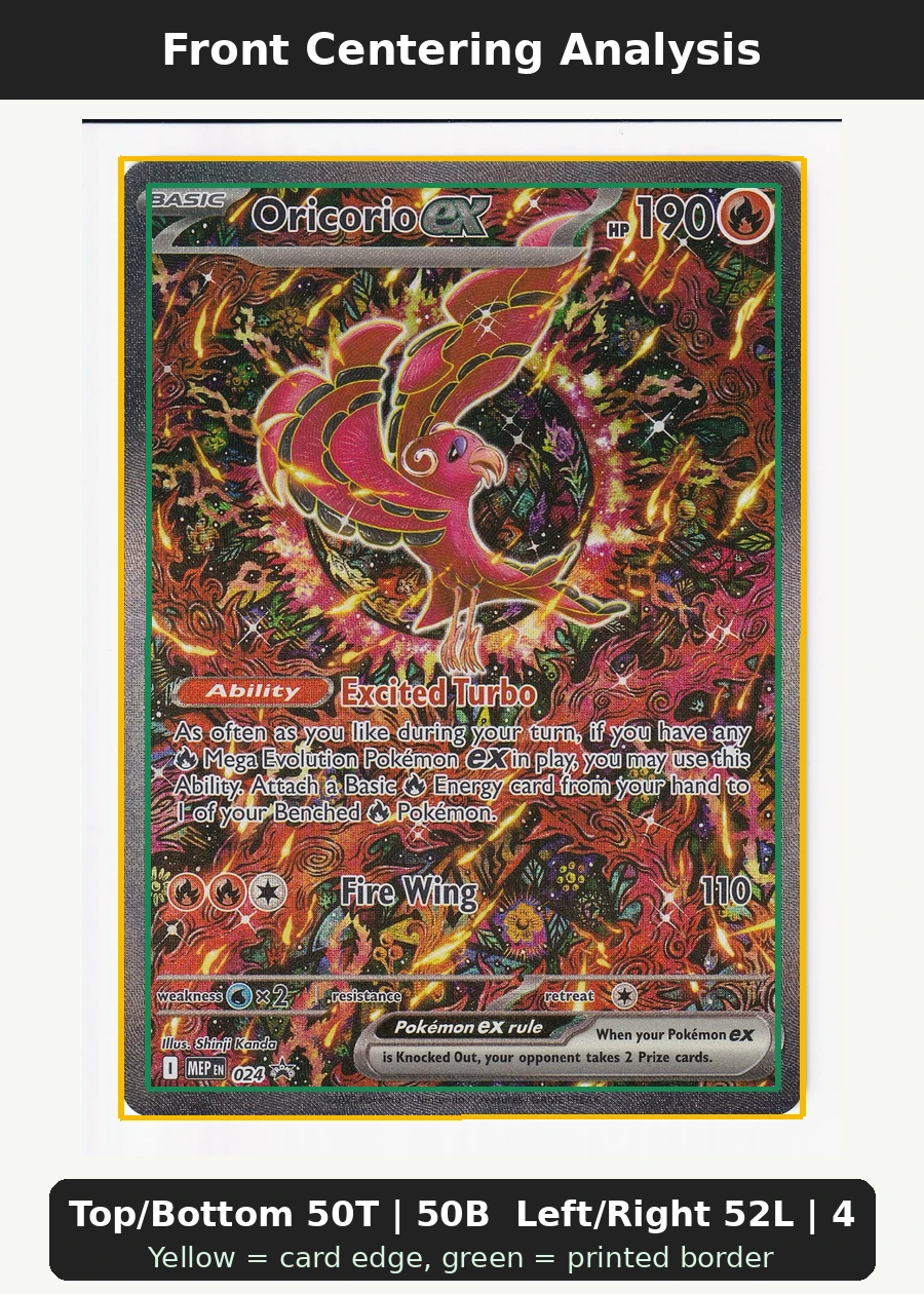Oricorio ex 024 MEP Black Star Promos front centering analysis showing Top/Bottom 50T | 50B and Left/Right 52L | 48R.