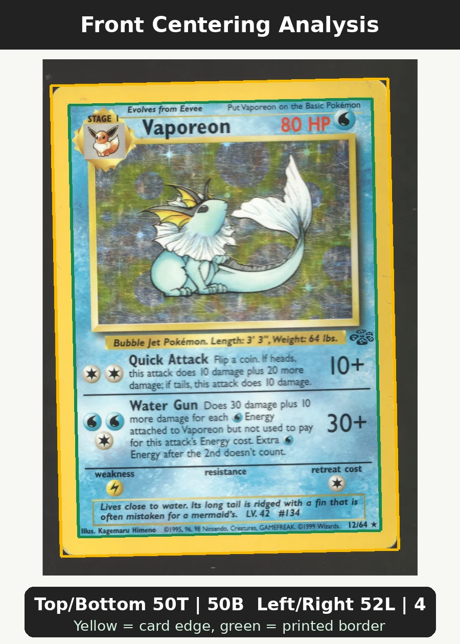 Vaporeon 012/64 Jungle front centering analysis showing Top/Bottom 50T | 50B and Left/Right 52L | 48R.