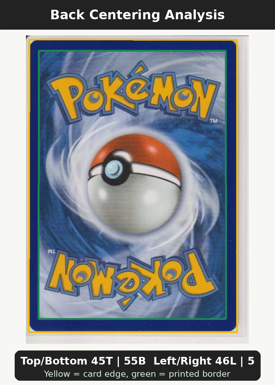 Charmander 038 MEP Black Star Promos back centering analysis showing Top/Bottom 45T | 55B and Left/Right 46L | 54R.