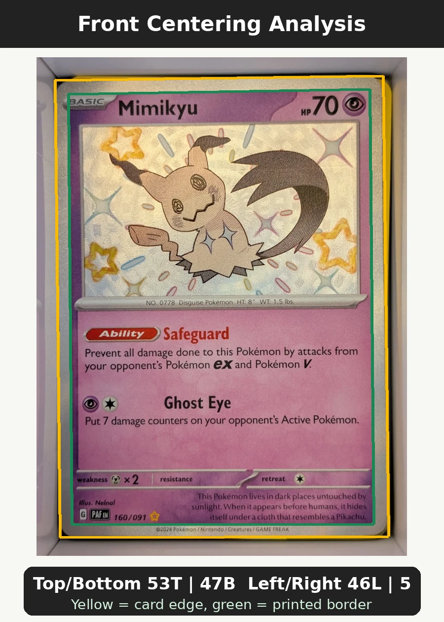 Mimikyu 160/91 Paldean Fates front centering analysis showing Top/Bottom 53T | 47B and Left/Right 46L | 54R.