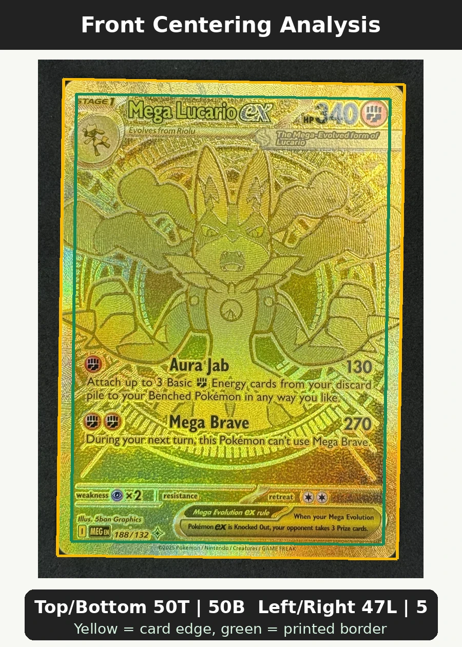 Mega Lucario ex 188/132 Mega Evolution front centering analysis showing Top/Bottom 50T | 50B and Left/Right 47L | 53R.