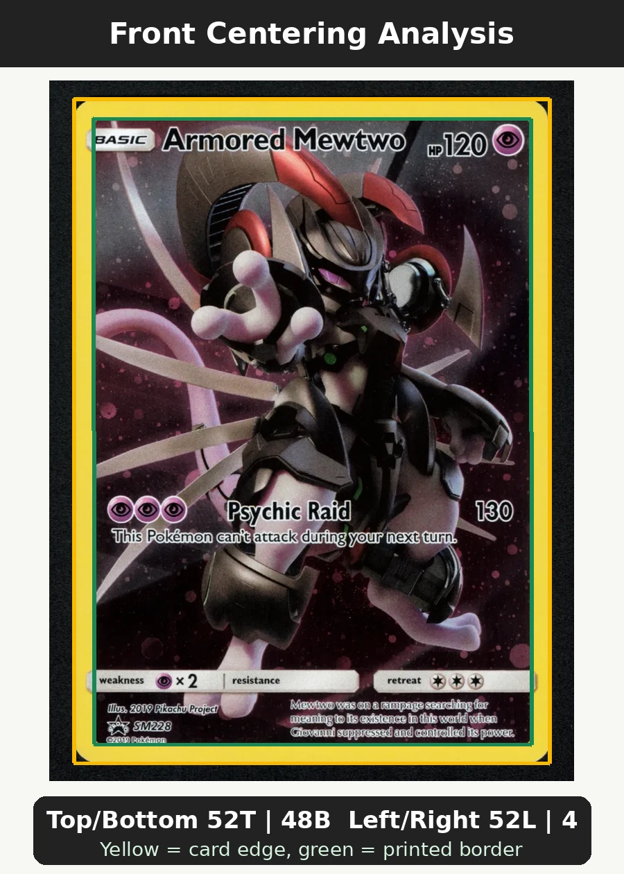 Armored Mewtwo SM228/248 SM Black Star Promos front centering analysis showing Top/Bottom 52T | 48B and Left/Right 52L | 48R.