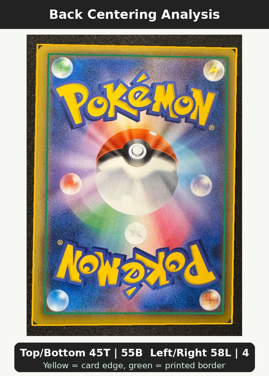 Mario Pikachu 294 XY Promos back centering analysis showing Top/Bottom 45T | 55B and Left/Right 58L | 42R.