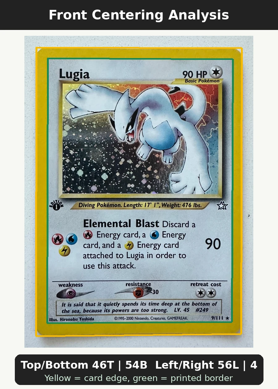 Lugia 009/111 Neo Genesis front centering analysis showing Top/Bottom 46T | 54B and Left/Right 56L | 44R.