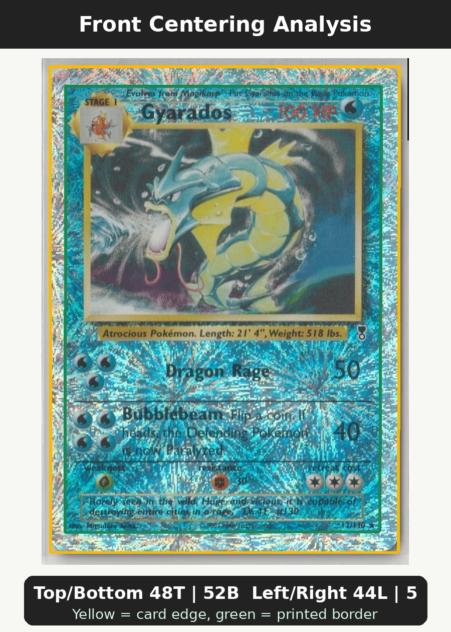 Gyarados 012/110 · Reverse Holo Legendary Collection front centering analysis showing Top/Bottom 48T | 52B and Left/Right 44L | 56R.