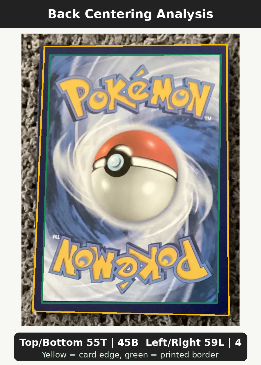 Charizard TG03/196 Lost Origin back centering analysis showing Top/Bottom 55T | 45B and Left/Right 59L | 41R.