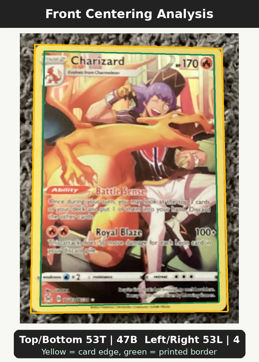 Charizard TG03/196 Lost Origin front centering analysis showing Top/Bottom 53T | 47B and Left/Right 53L | 47R.