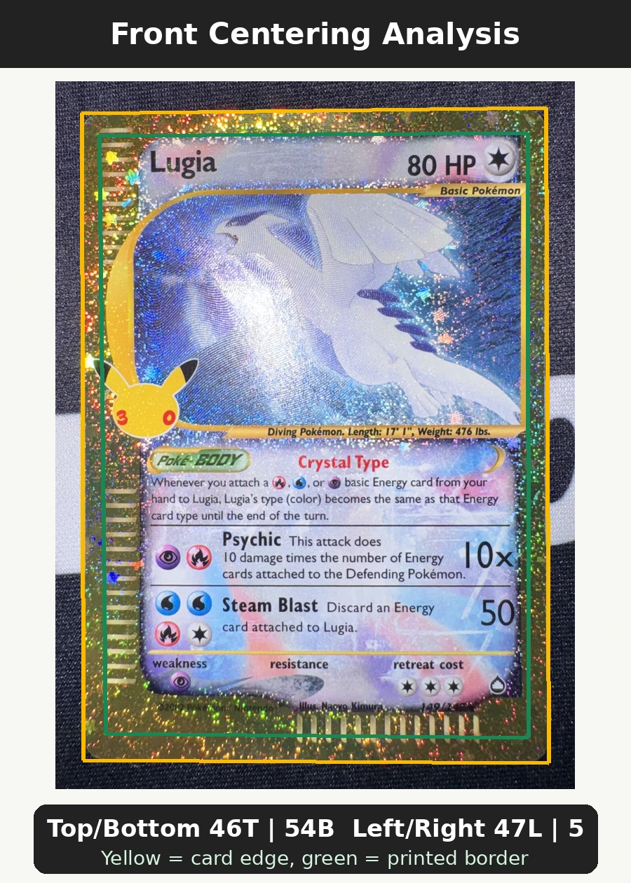 Lugia 149 30th Classic Collection front centering analysis showing Top/Bottom 46T | 54B and Left/Right 47L | 53R.