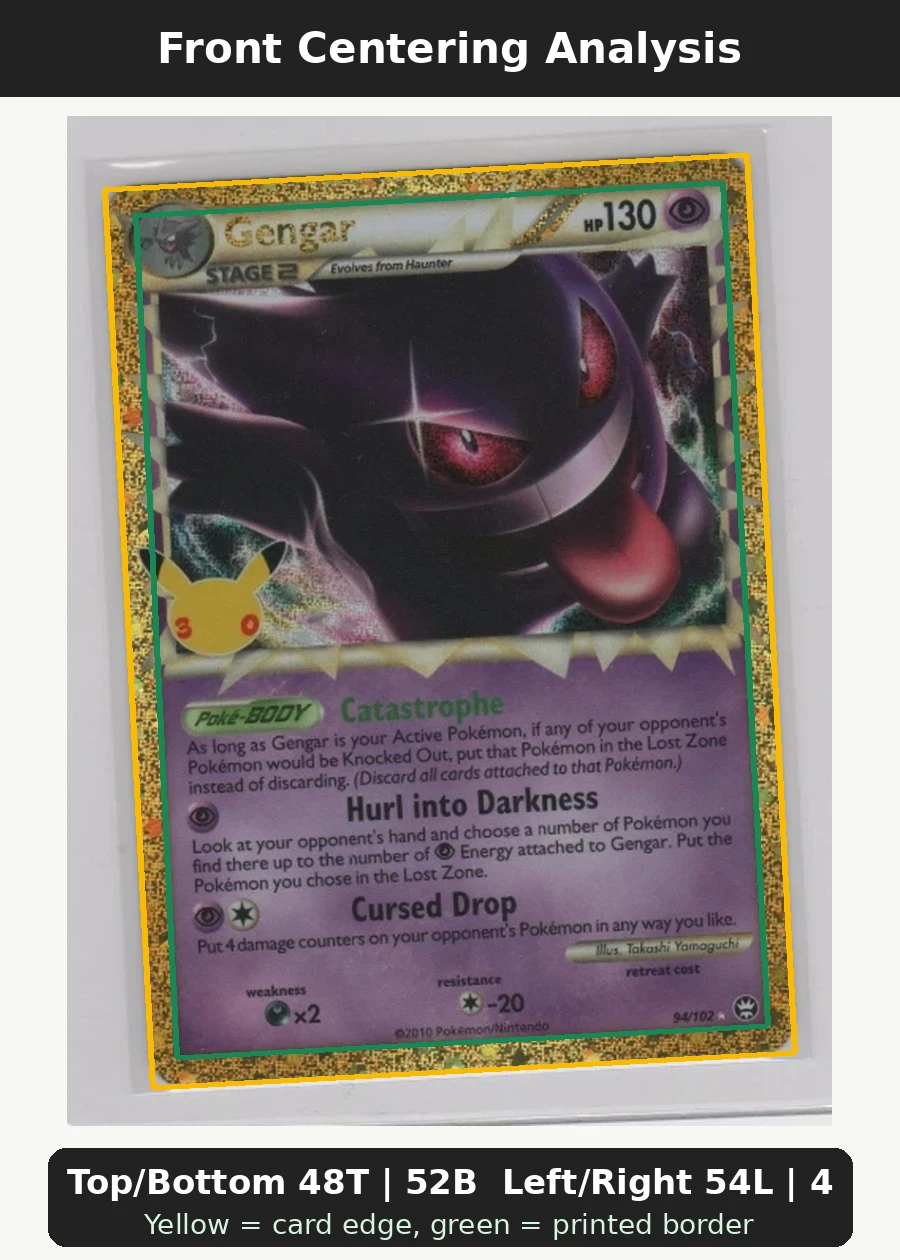 Gengar 094 30th Classic Collection front centering analysis showing Top/Bottom 48T | 52B and Left/Right 54L | 46R.