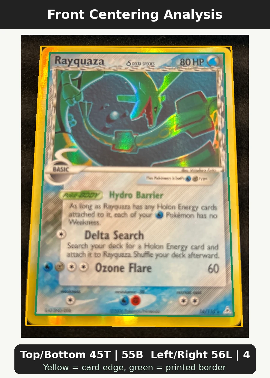 Rayquaza δ 016/110 Holon Phantoms front centering analysis showing Top/Bottom 45T | 55B and Left/Right 56L | 44R.