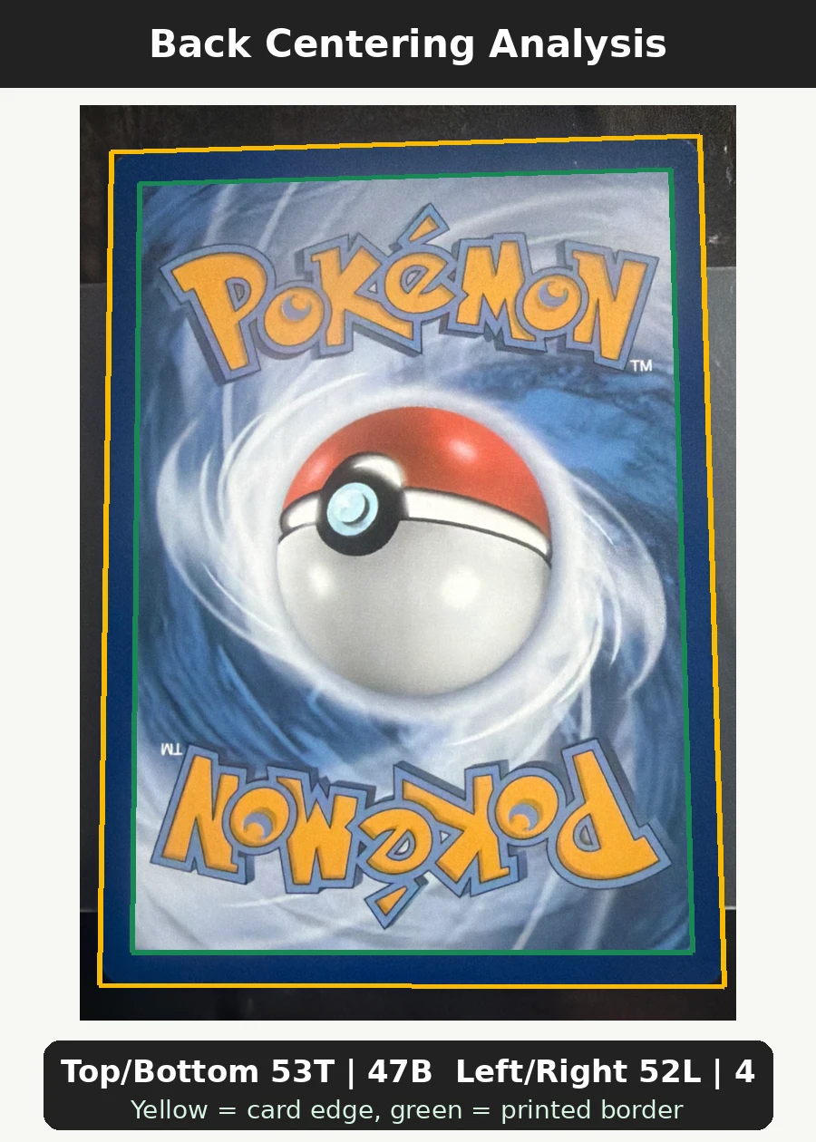 Charizard V SWSH260/307 SWSH Black Star Promos back centering analysis showing Top/Bottom 53T | 47B and Left/Right 52L | 48R.