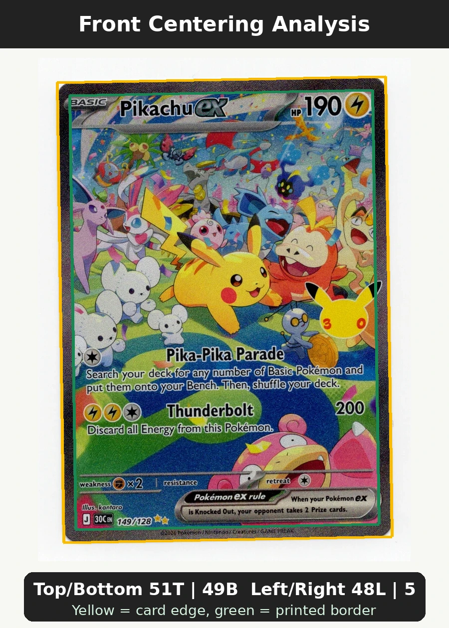 Pikachu ex 149/128 30th Celebration front centering analysis showing Top/Bottom 51T | 49B and Left/Right 48L | 52R.
