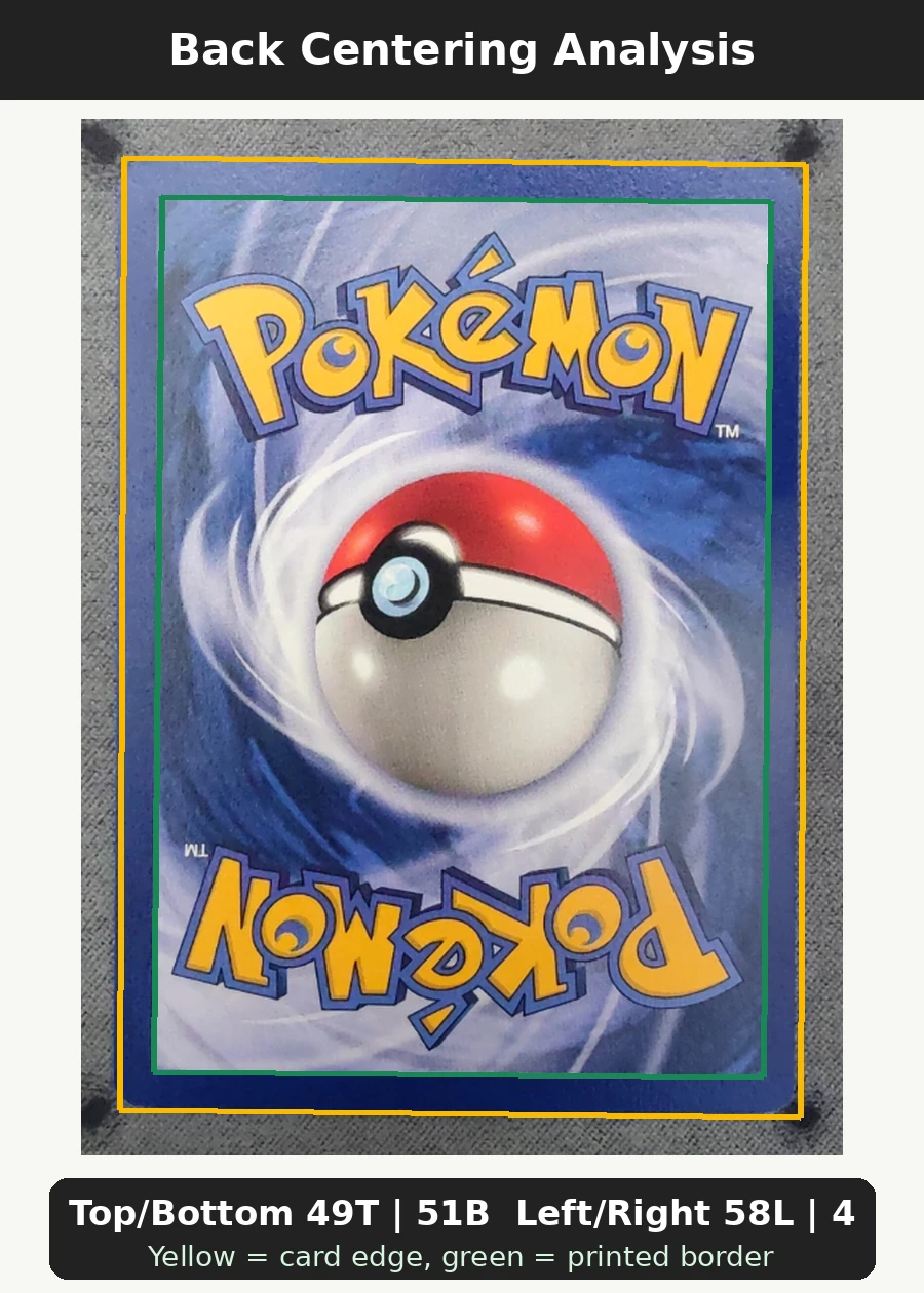 Moltres 012/62 (First Edition Stamp) Fossil back centering analysis showing Top/Bottom 49T | 51B and Left/Right 58L | 42R.