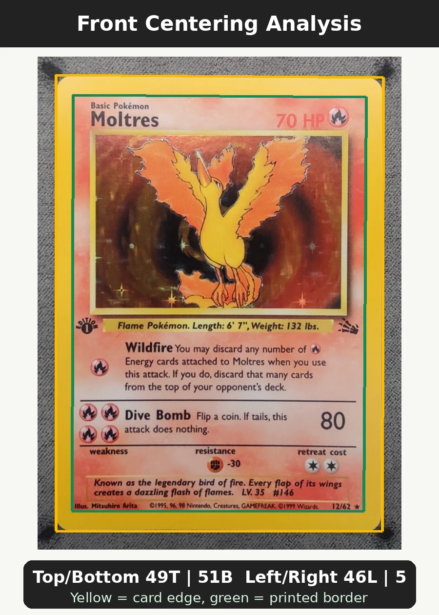 Moltres 012/62 (First Edition Stamp) Fossil front centering analysis showing Top/Bottom 49T | 51B and Left/Right 46L | 54R.