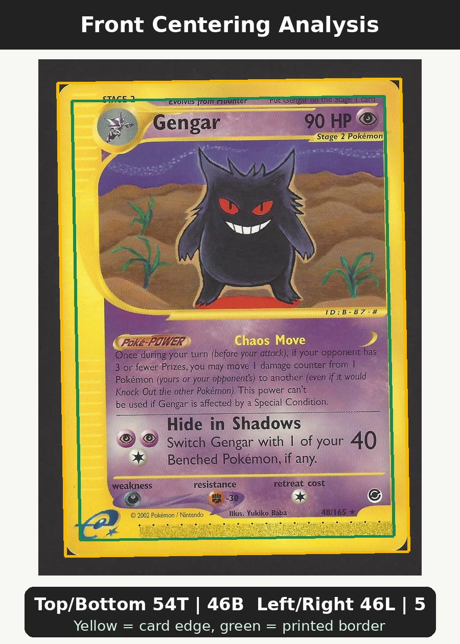 Gengar 048/165 Expedition Base Set front centering analysis showing Top/Bottom 54T | 46B and Left/Right 46L | 54R.