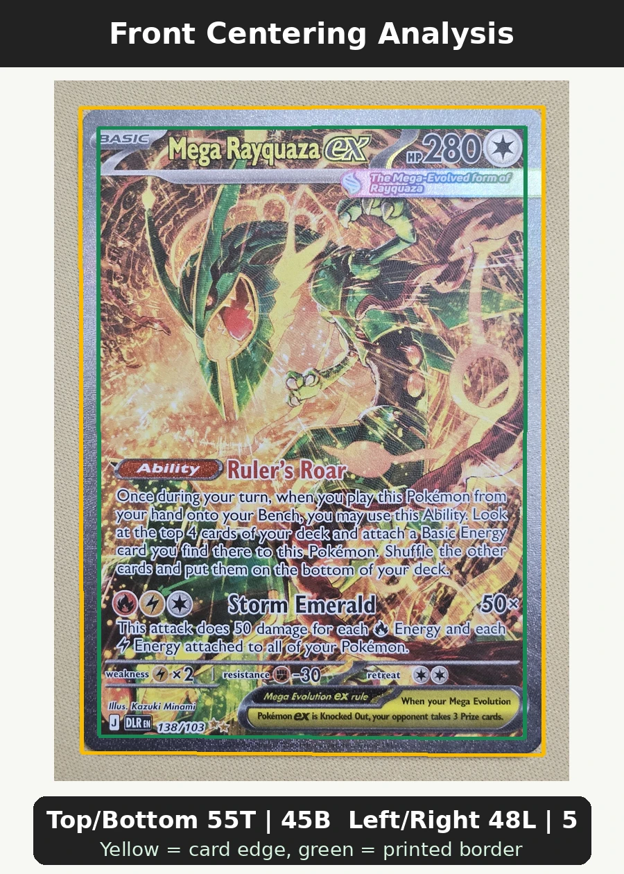 Mega Rayquaza ex 110/76 Storm Emeralda front centering analysis showing Top/Bottom 55T | 45B and Left/Right 48L | 52R.