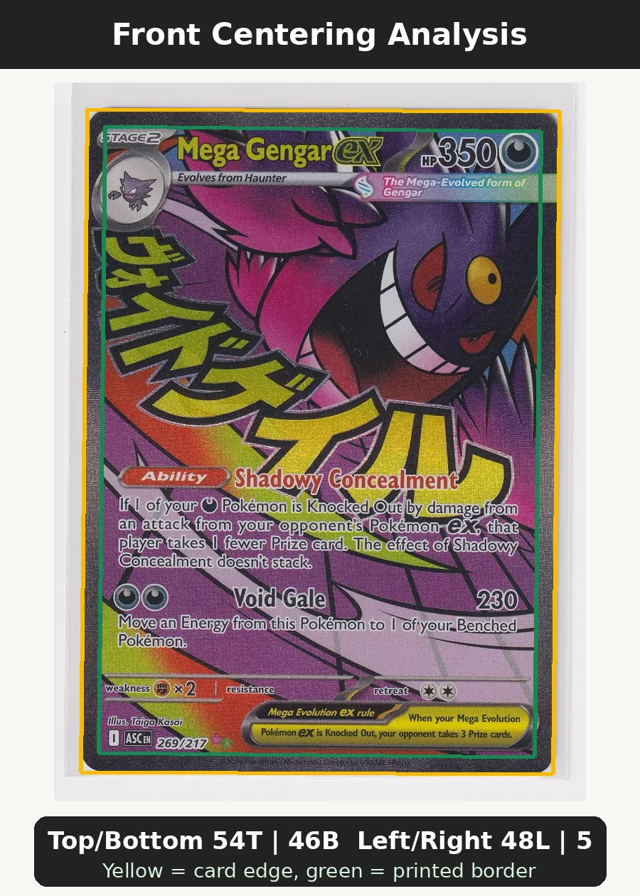 Mega Gengar ex 269/217 Ascended Heroes front centering analysis showing Top/Bottom 54T | 46B and Left/Right 48L | 52R.
