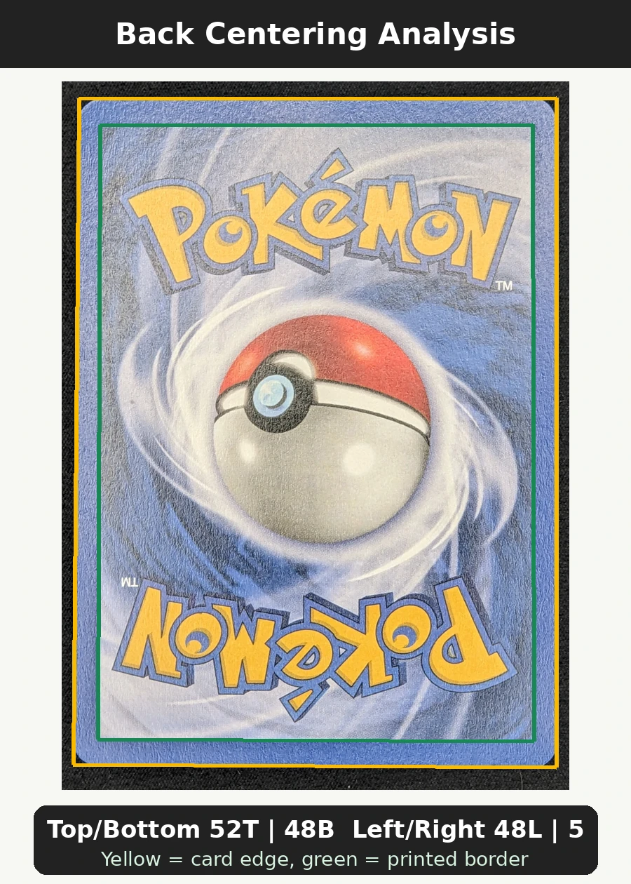 Dark Charizard 021/82 · First Edition Stamp Team Rocket back centering analysis showing Top/Bottom 52T | 48B and Left/Right 48L | 52R.
