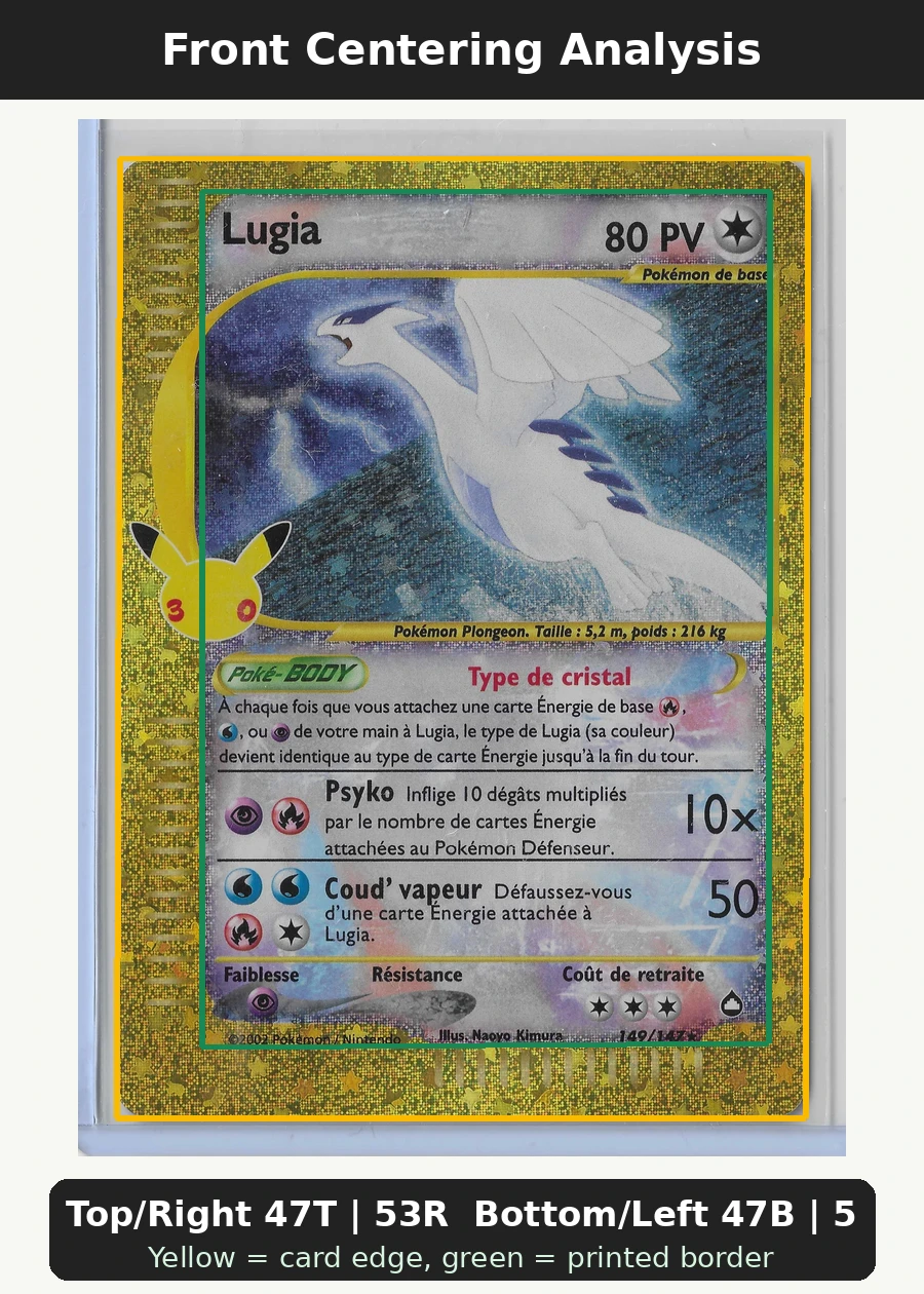 Lugia 149 30th Classic Collection front centering analysis showing Top/Right 47T | 53R and Bottom/Left 47B | 53L.