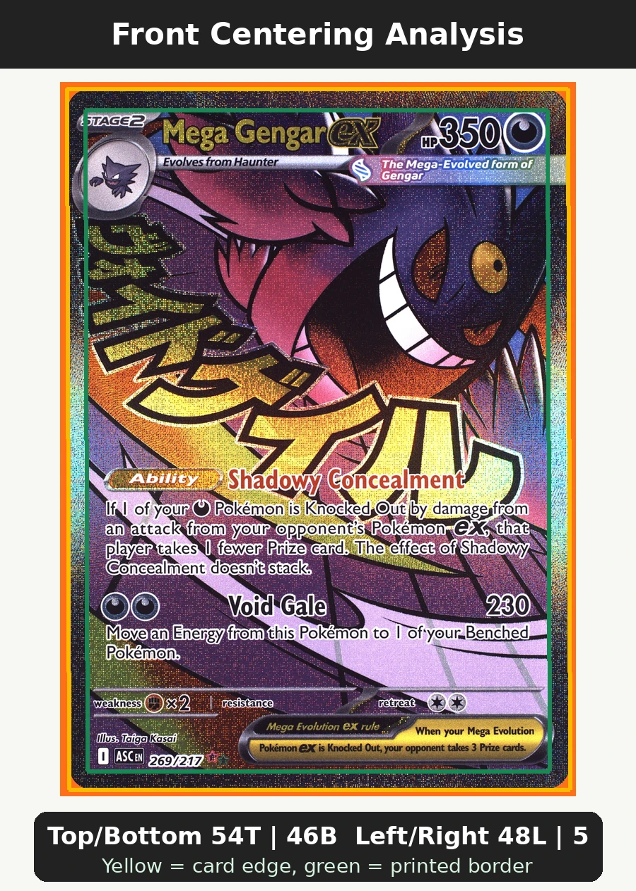 Untitled card OTHER front centering analysis showing Top/Bottom 54T | 46B and Left/Right 48L | 52R.