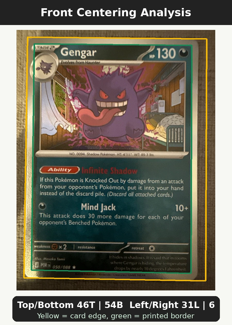 Gengar 050/88 Perfect Order front centering analysis showing Top/Bottom 46T | 54B and Left/Right 31L | 69R.