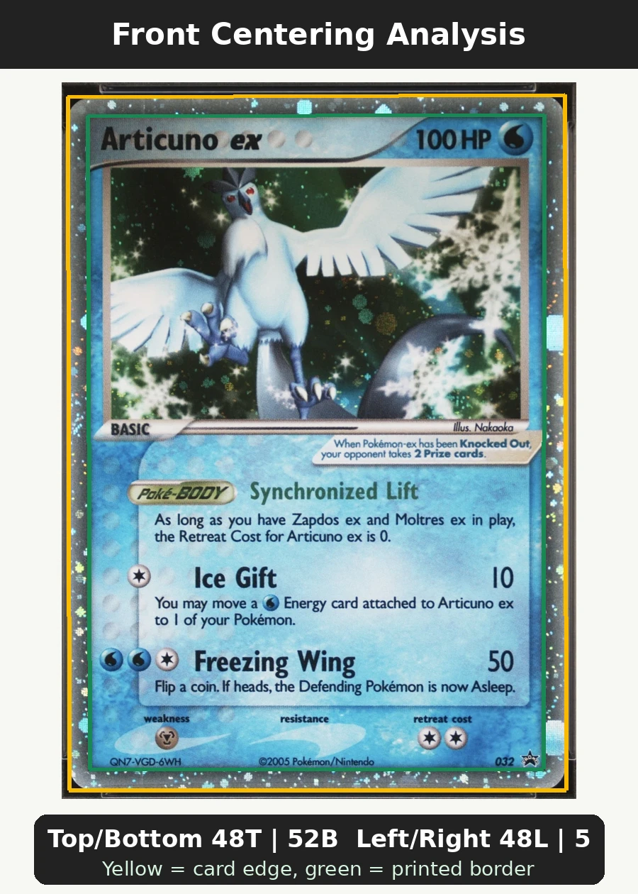Articuno ex 032/40 Nintendo Black Star Promos front centering analysis showing Top/Bottom 48T | 52B and Left/Right 48L | 52R.