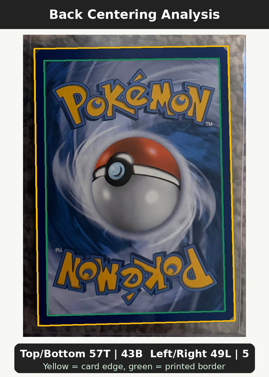 Pikachu XY89/211 XY Black Star Promos back centering analysis showing Top/Bottom 57T | 43B and Left/Right 49L | 51R.