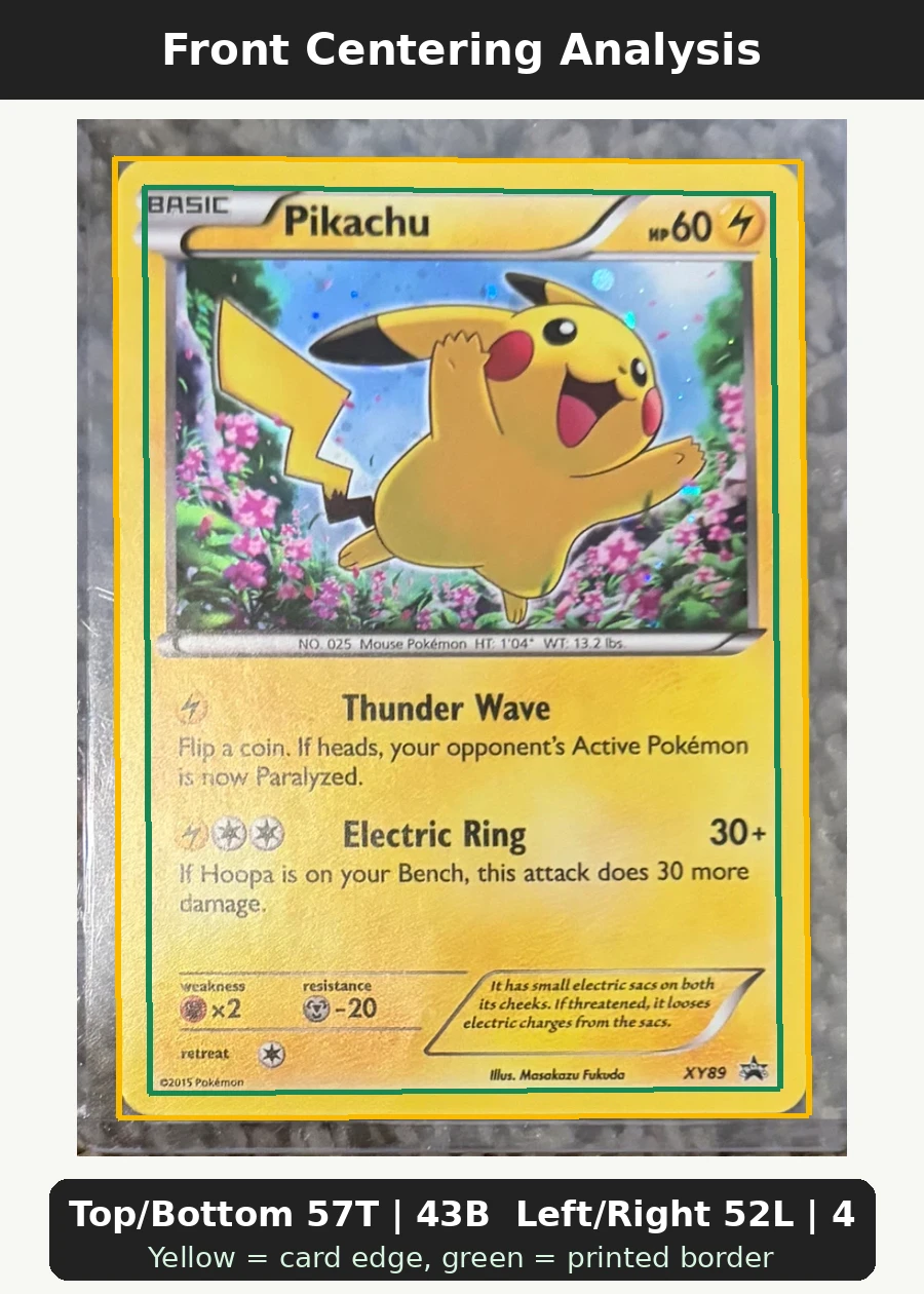 Pikachu XY89/211 XY Black Star Promos front centering analysis showing Top/Bottom 57T | 43B and Left/Right 52L | 48R.