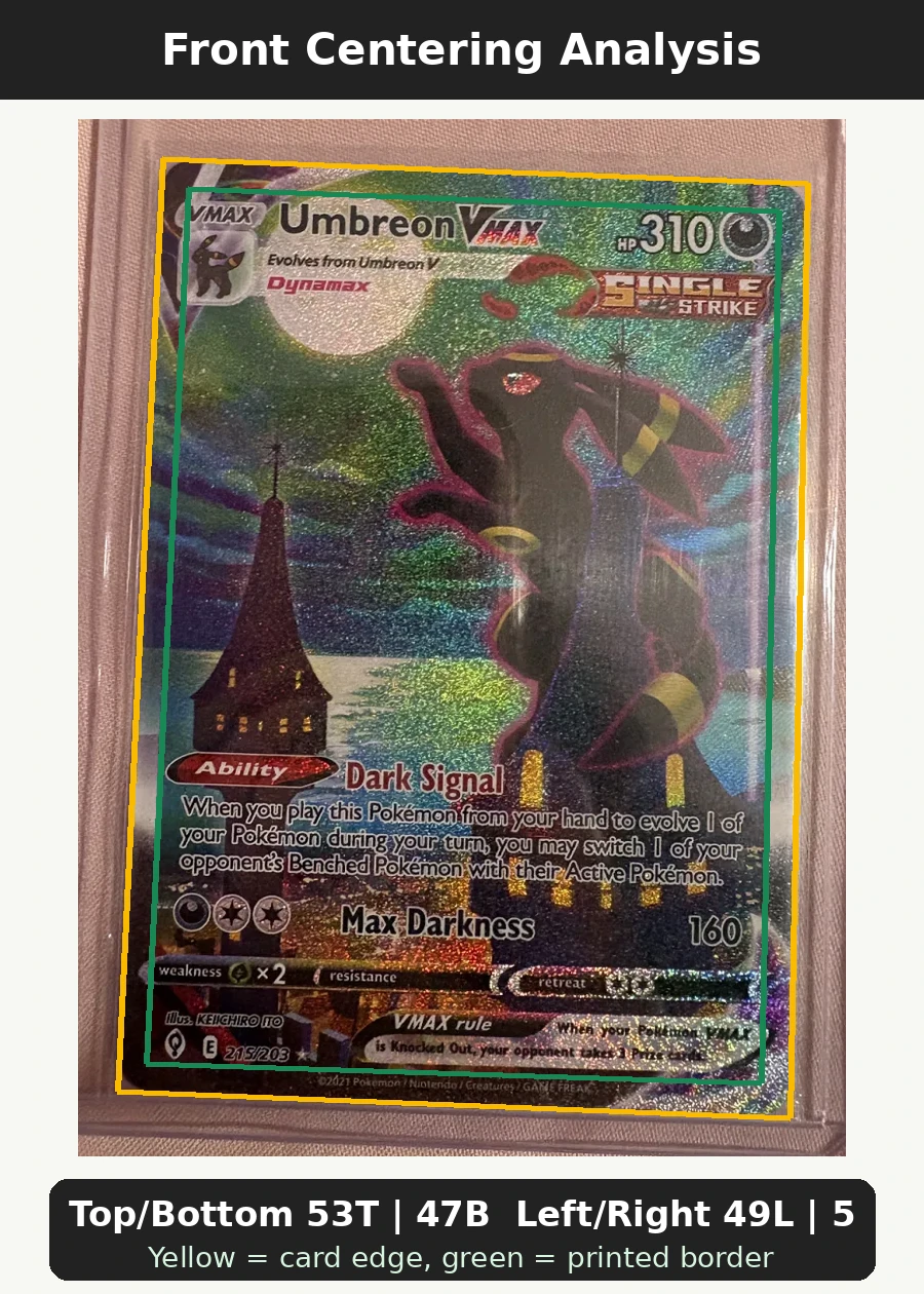 Umbreon VMAX 215/203 Evolving Skies front centering analysis showing Top/Bottom 53T | 47B and Left/Right 49L | 51R.