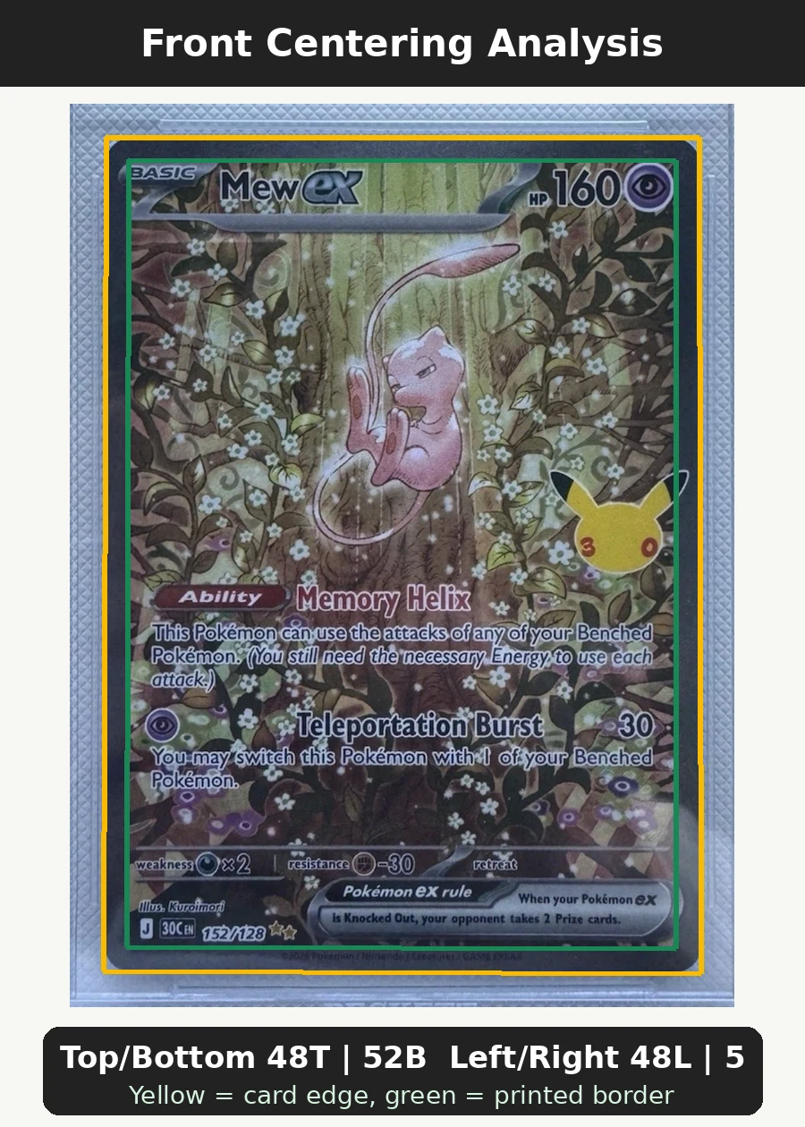 Mew ex 152/128 30th Celebration front centering analysis showing Top/Bottom 48T | 52B and Left/Right 48L | 52R.