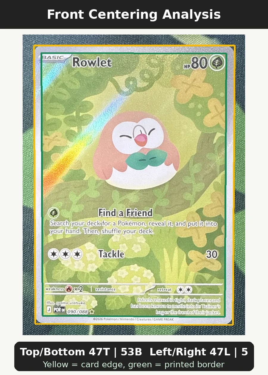 Rowlet 090/88 Perfect Order front centering analysis showing Top/Bottom 47T | 53B and Left/Right 47L | 53R.