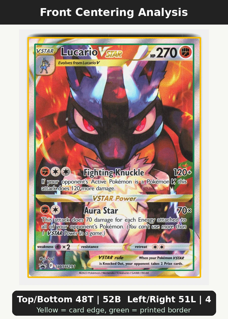 Lucario VSTAR SWSH291/307 SWSH Black Star Promos front centering analysis showing Top/Bottom 48T | 52B and Left/Right 51L | 49R.