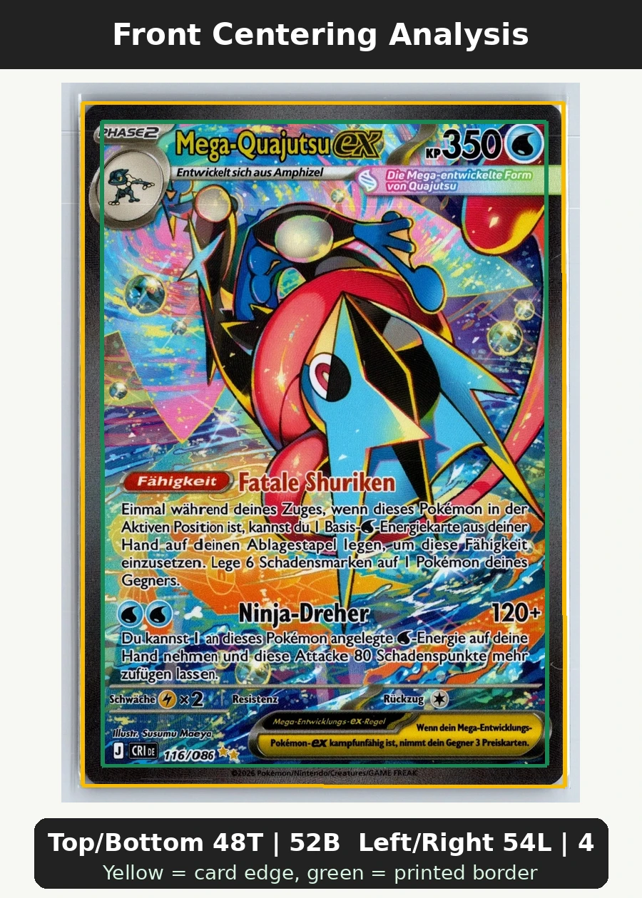 Mega Greninja ex 116/86 Chaos Rising front centering analysis showing Top/Bottom 48T | 52B and Left/Right 54L | 46R.
