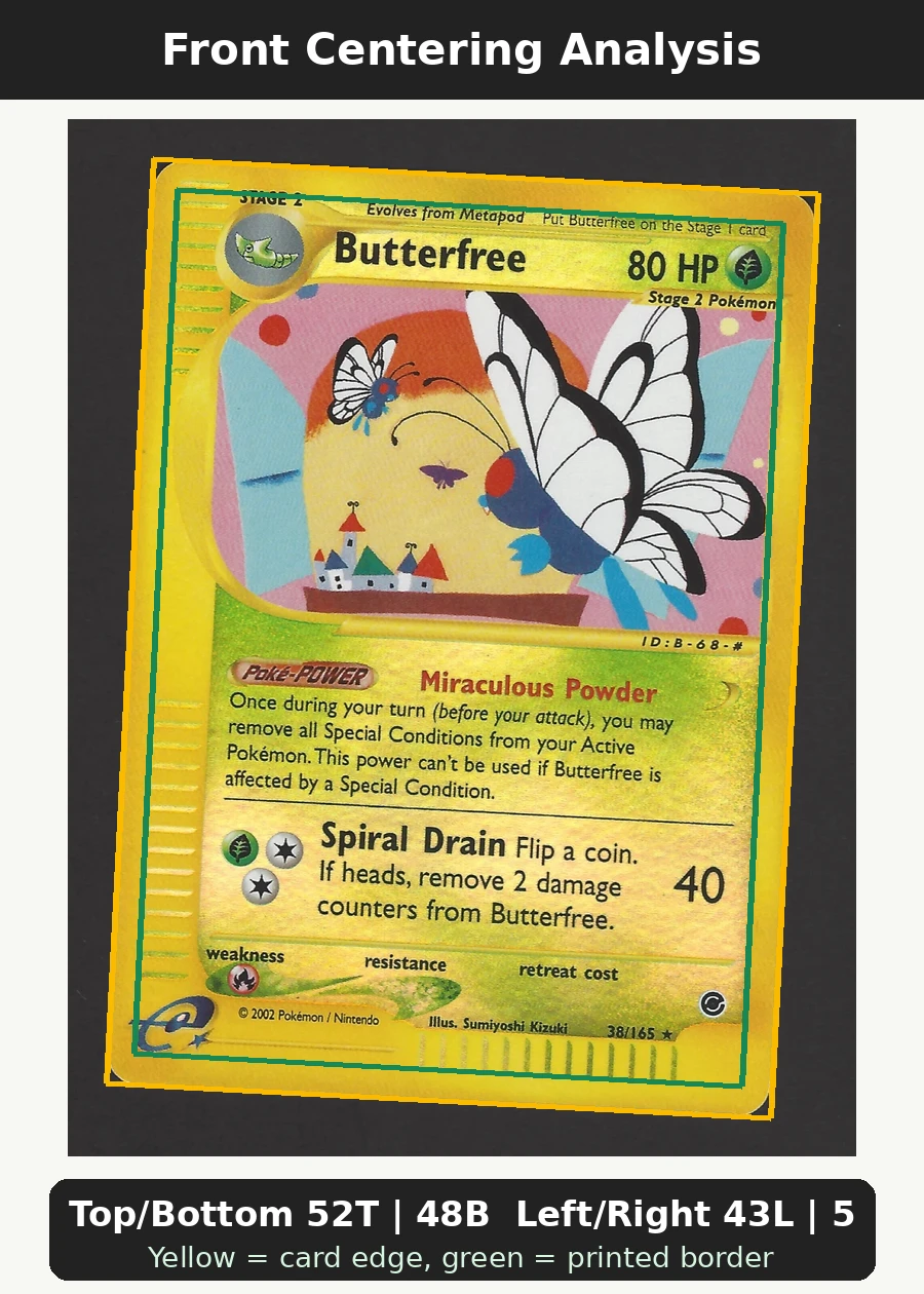 Butterfree 038/165 Expedition Base Set front centering analysis showing Top/Bottom 52T | 48B and Left/Right 43L | 57R.