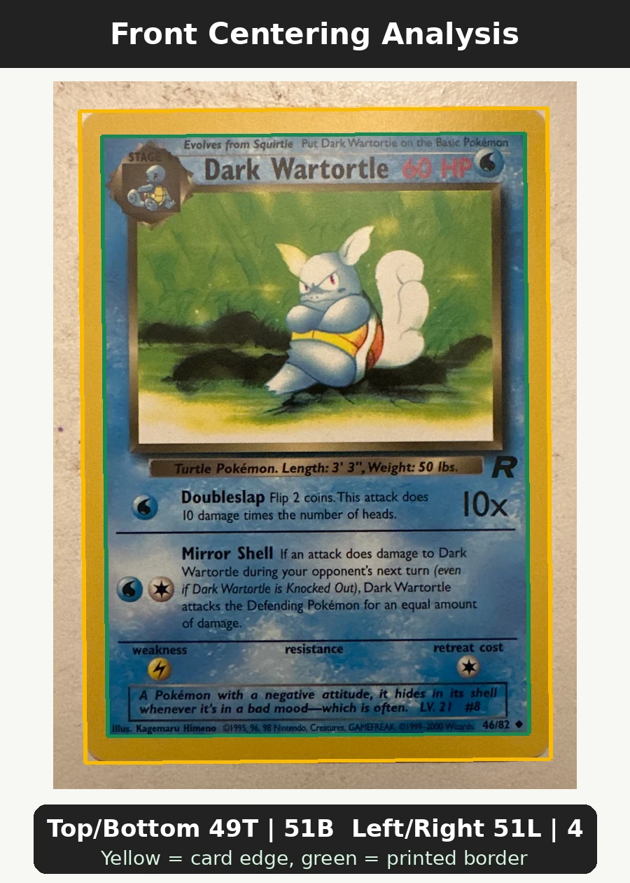 Dark Wartortle 046/82 Team Rocket front centering analysis showing Top/Bottom 49T | 51B and Left/Right 51L | 49R.