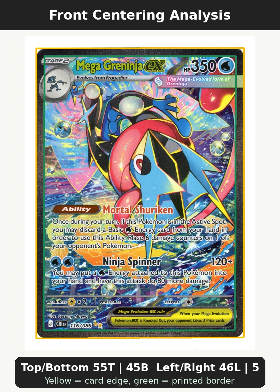 Mega Greninja ex 116/86 Chaos Rising front centering analysis showing Top/Bottom 55T | 45B and Left/Right 46L | 54R.