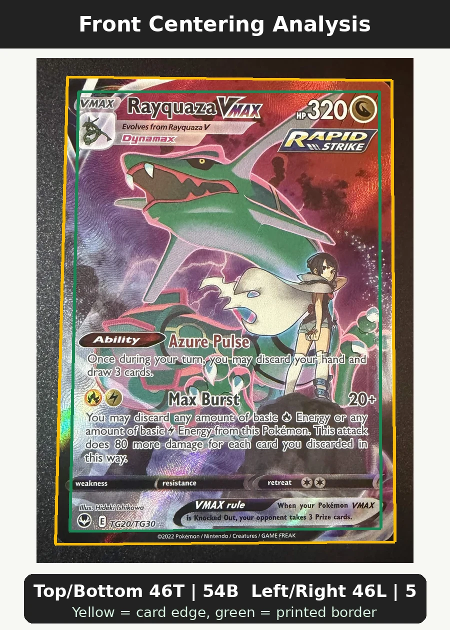 Rayquaza VMAX TG20/195 Silver Tempest front centering analysis showing Top/Bottom 46T | 54B and Left/Right 46L | 54R.