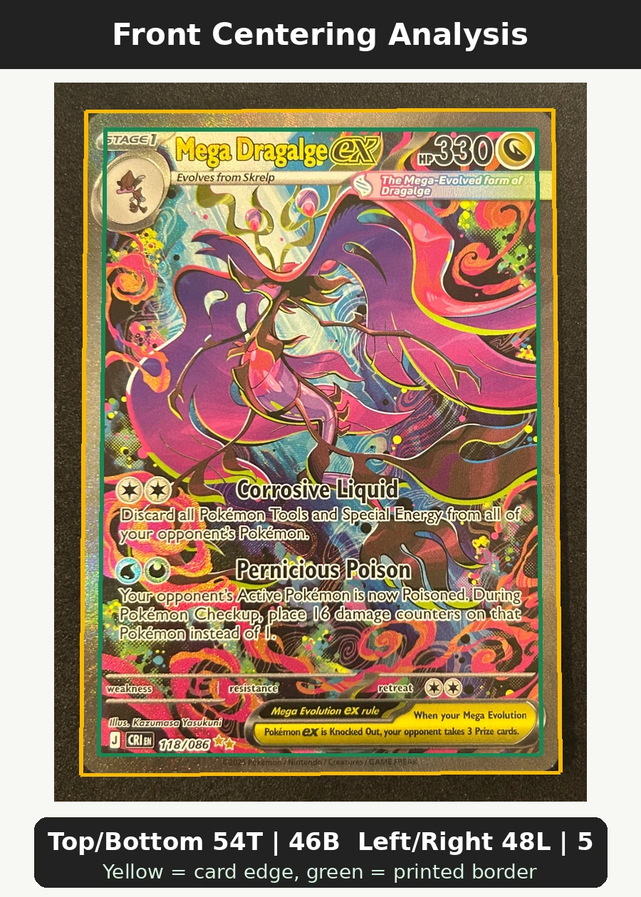 Mega Dragalge ex 118/86 Chaos Rising front centering analysis showing Top/Bottom 54T | 46B and Left/Right 48L | 52R.