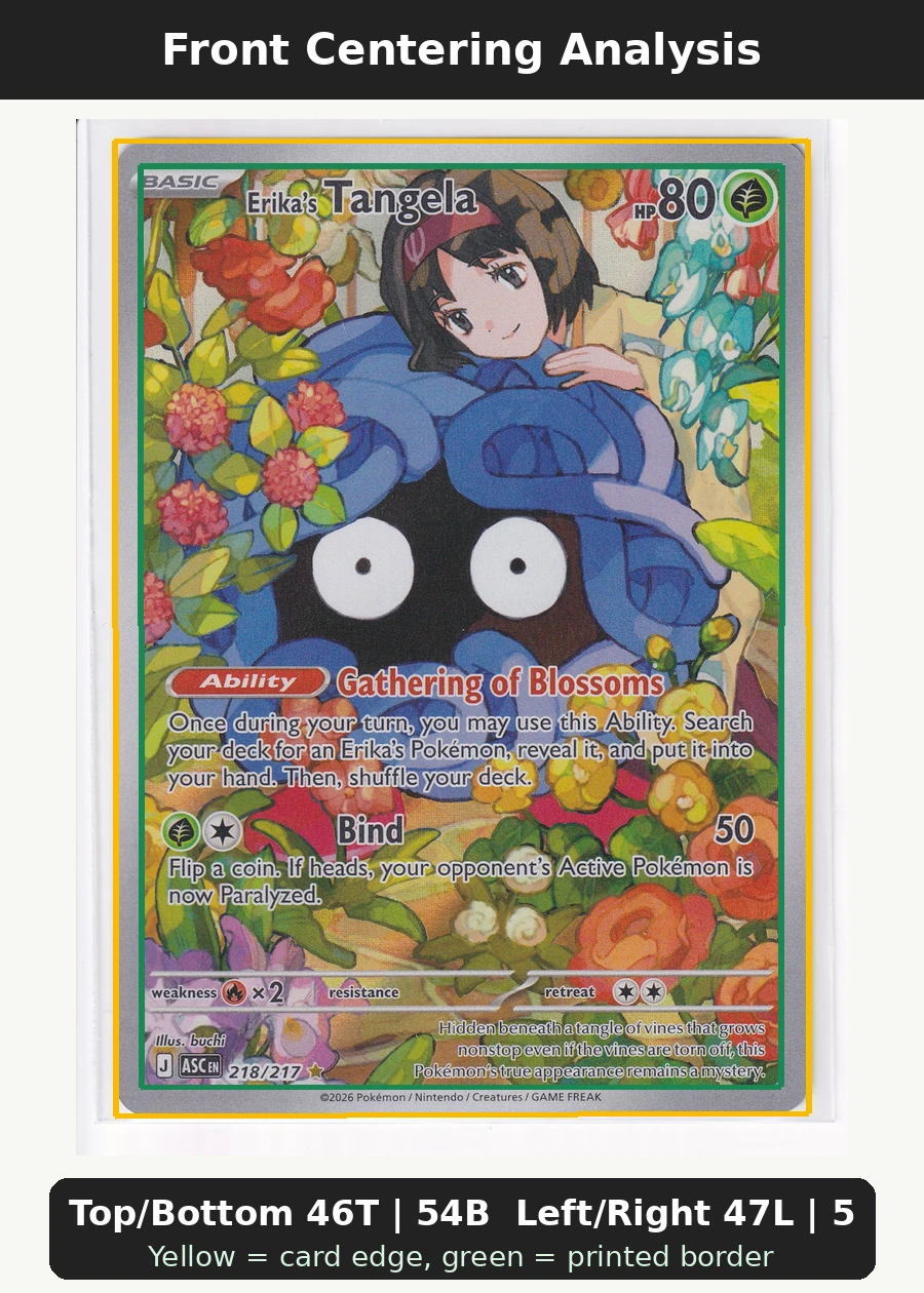 Erika's Tangela 218/217 Ascended Heroes front centering analysis showing Top/Bottom 46T | 54B and Left/Right 47L | 53R.