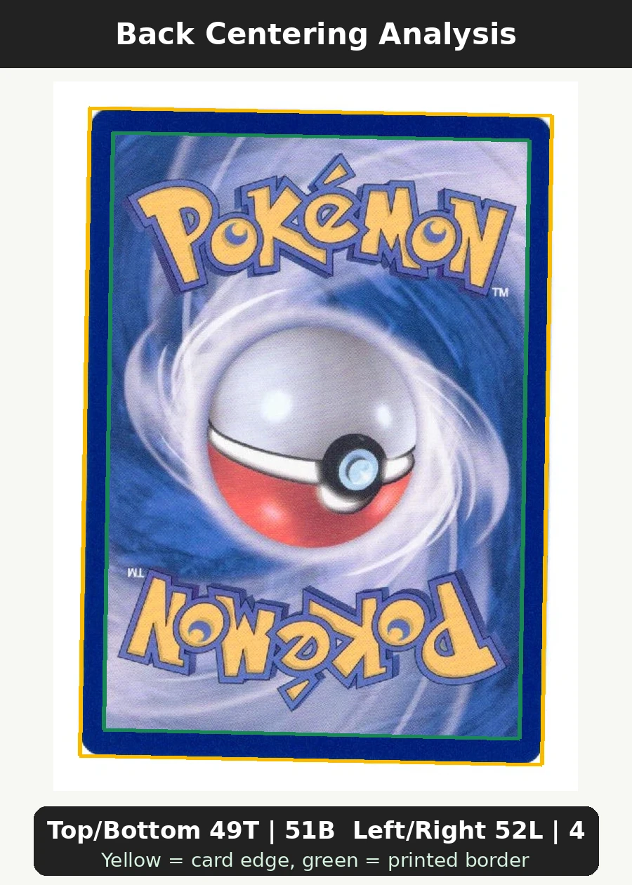 Mega Darkrai ex 114/81 Abyss Eye back centering analysis showing Top/Bottom 49T | 51B and Left/Right 52L | 48R.