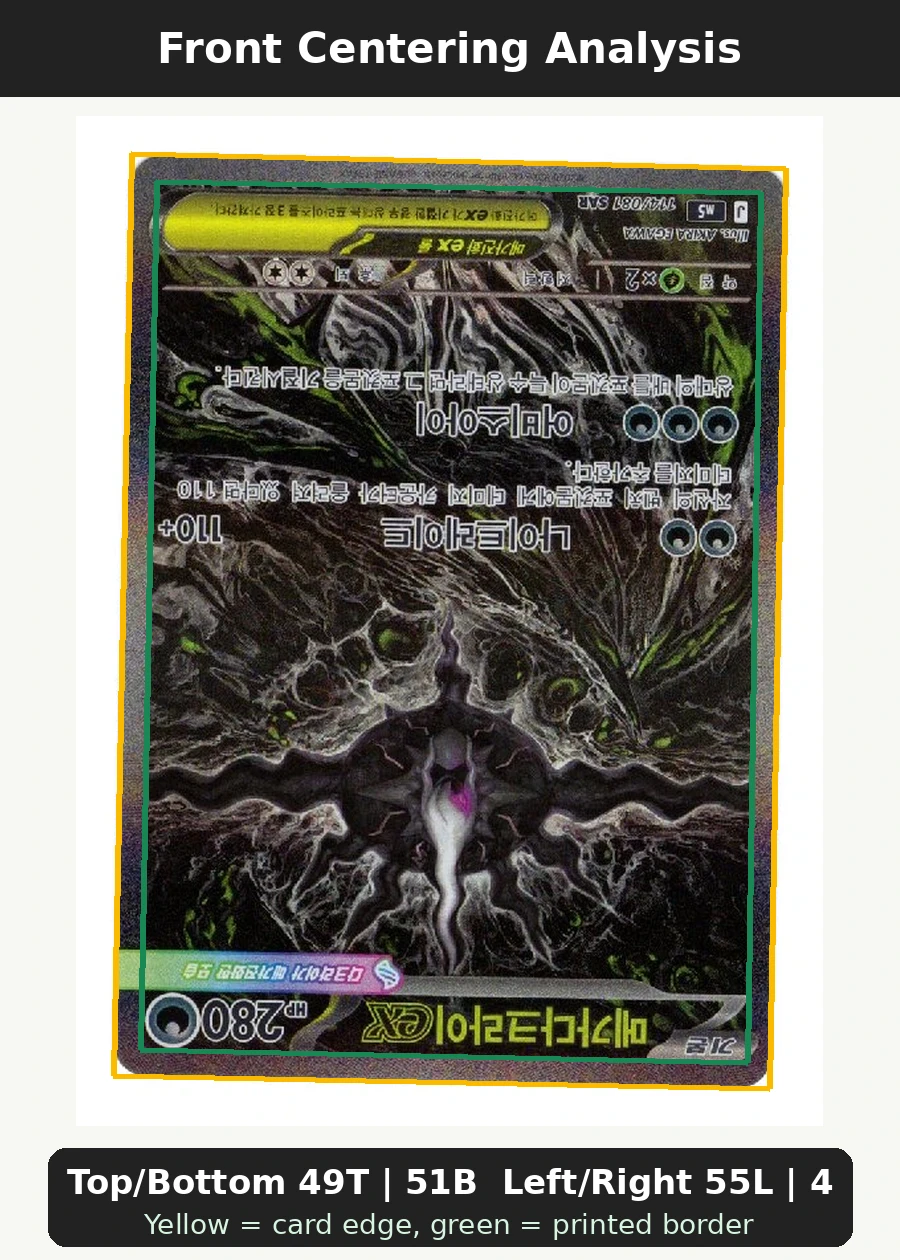 Mega Darkrai ex 114/81 Abyss Eye front centering analysis showing Top/Bottom 49T | 51B and Left/Right 55L | 45R.