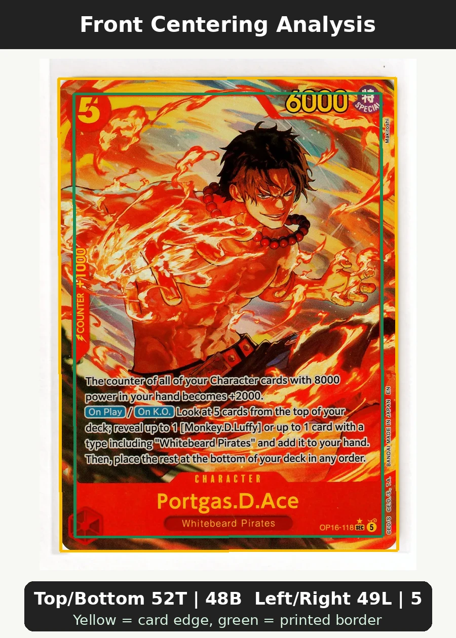 Portgas.D.Ace (OP16-118) (Alternate Art) OP16-118 The Time of Battle front centering analysis showing Top/Bottom 52T | 48B and Left/Right 49L | 51R.