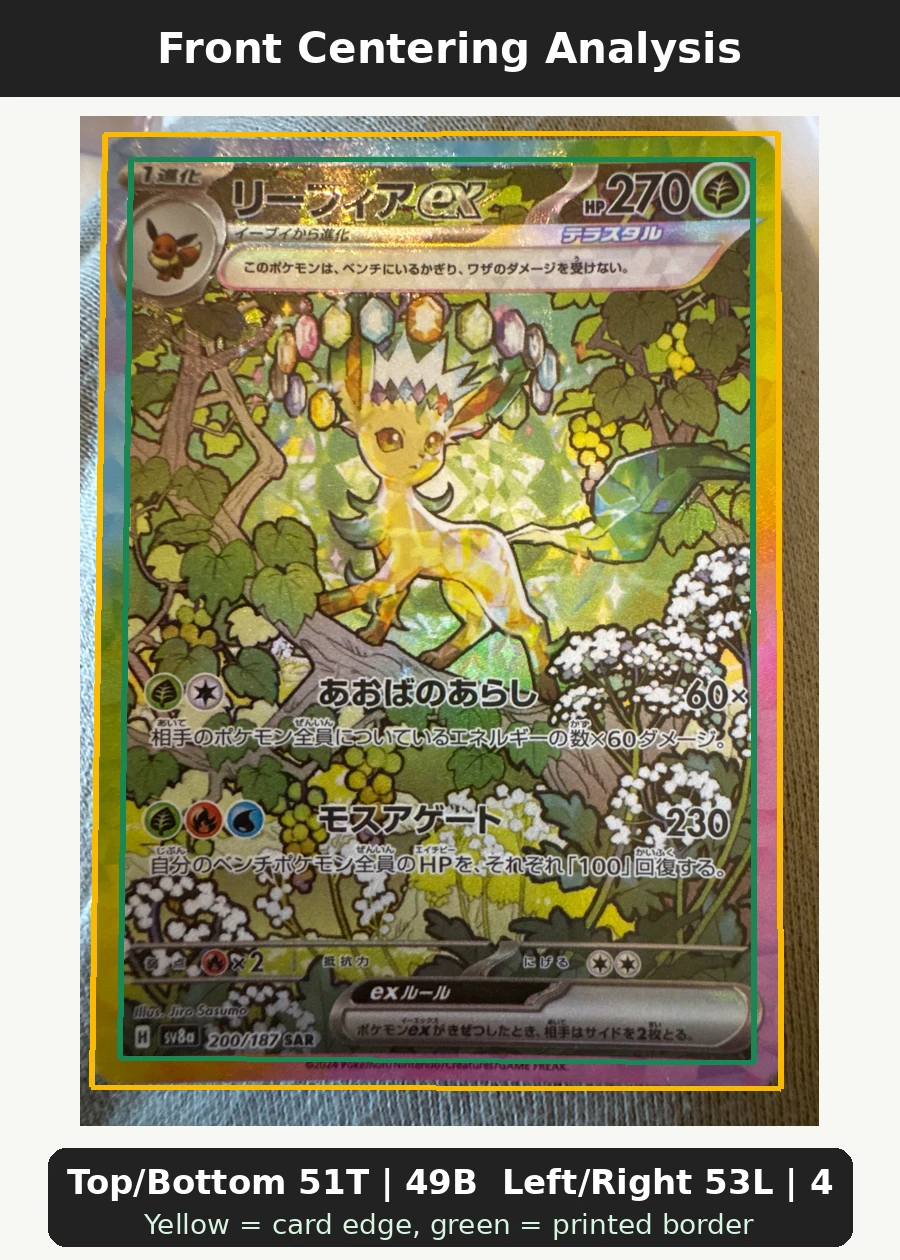 Leafeon ex 144/131 Prismatic Evolutions front centering analysis showing Top/Bottom 51T | 49B and Left/Right 53L | 47R.