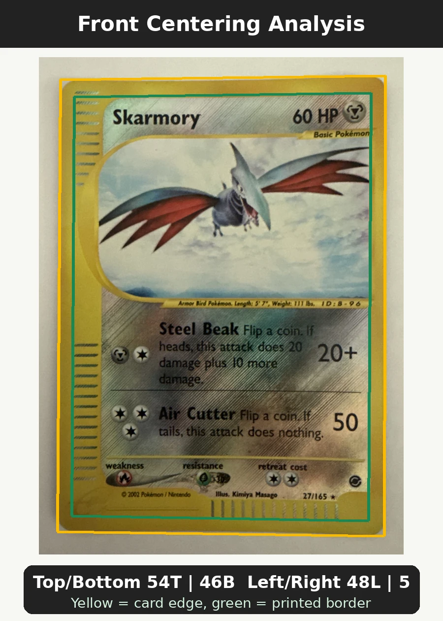 Skarmory 027/165 (Reverse Holo) Expedition Base Set front centering analysis showing Top/Bottom 54T | 46B and Left/Right 48L | 52R.