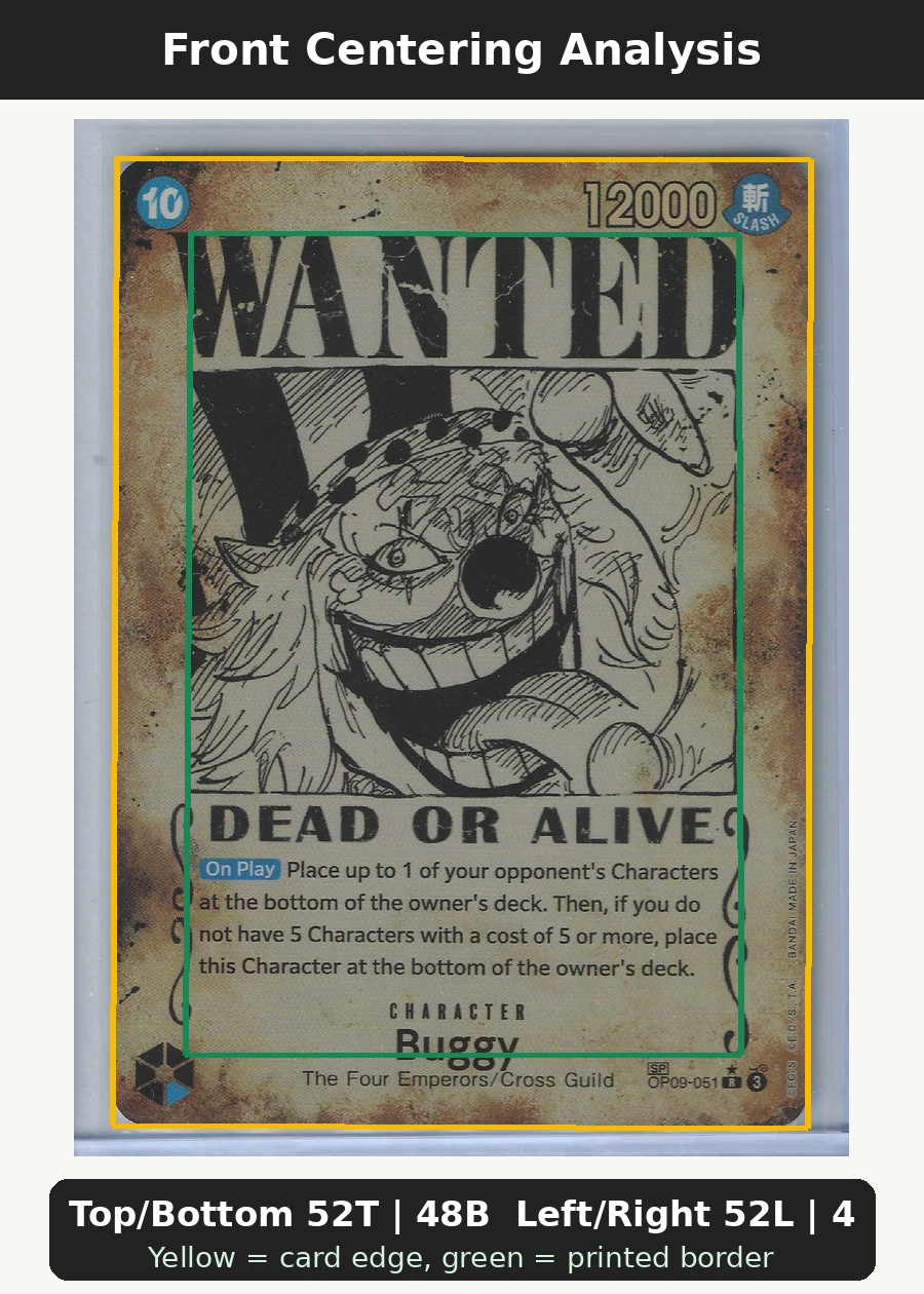 Buggy OP09-051 - Wanted One Piece Promotion Cards front centering analysis showing Top/Bottom 52T | 48B and Left/Right 52L | 48R.