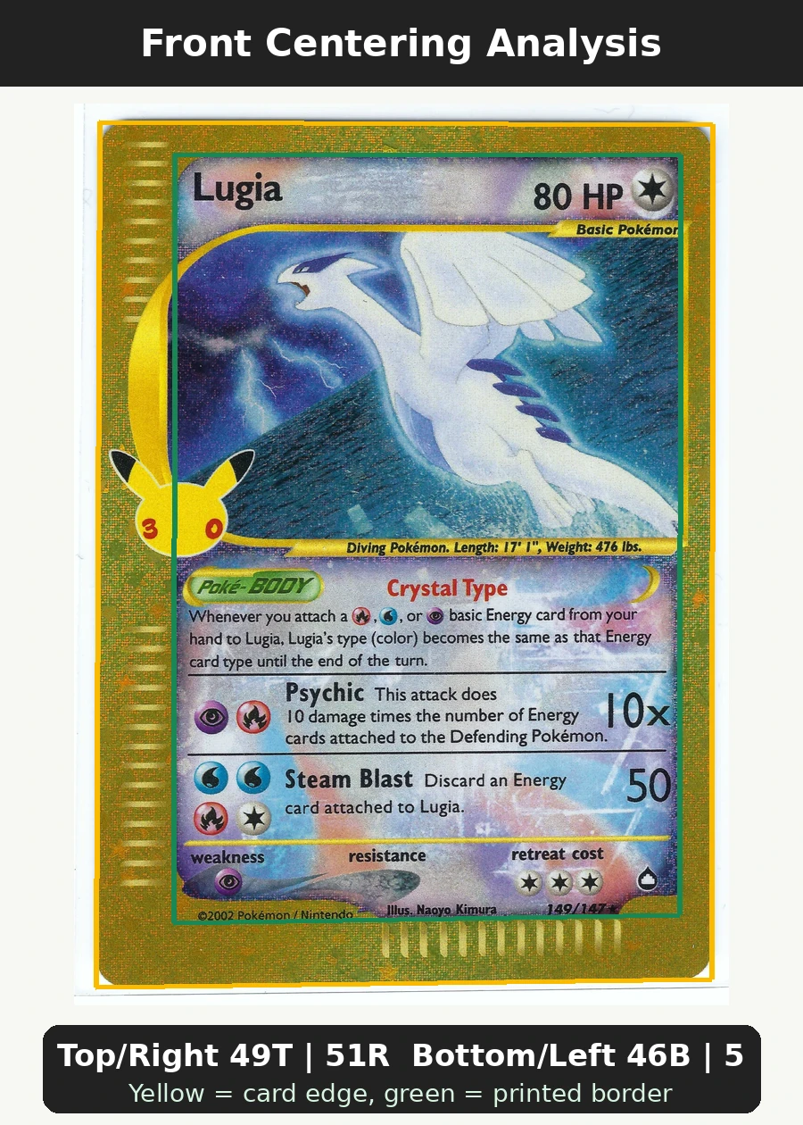 Lugia 149 30th Classic Collection front centering analysis showing Top/Right 49T | 51R and Bottom/Left 46B | 54L.