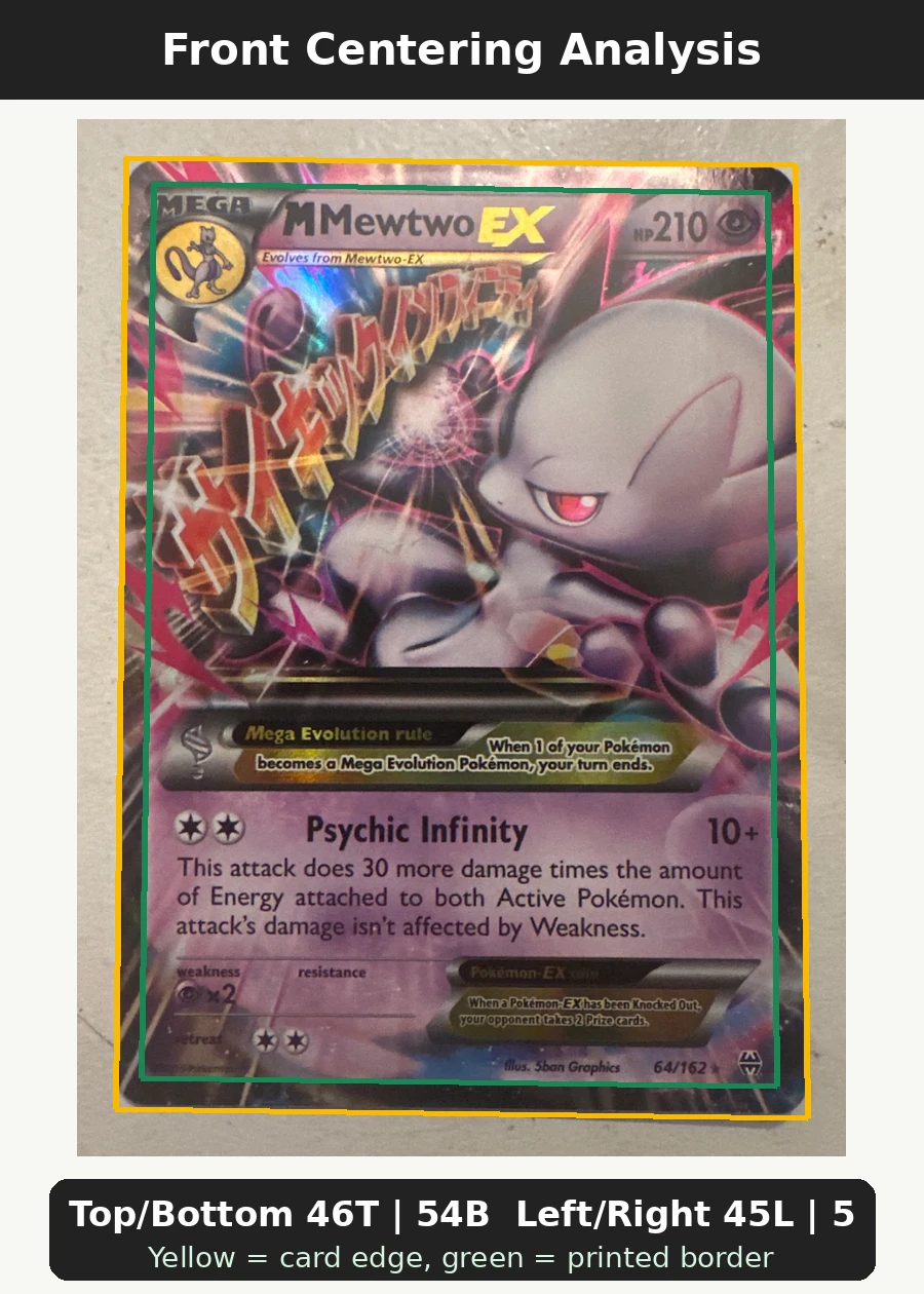 M Mewtwo EX 064/162 BREAKthrough front centering analysis showing Top/Bottom 46T | 54B and Left/Right 45L | 55R.